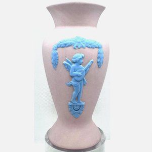 Pink Jasperware Inspired Bud Vase Blue Chrub Vintage 6 inch